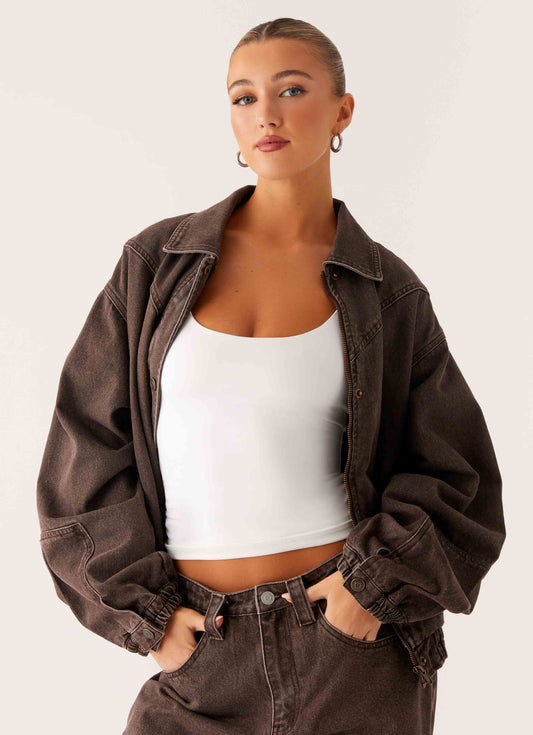 Midwest Washed Denim Bomber Jacket - Light Wash Chocolate
